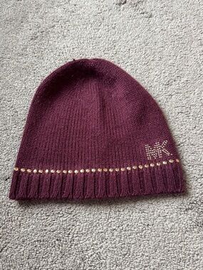 Michael Kors Burgundy Knit Beanie Hat Gold Stud Logo One Size
